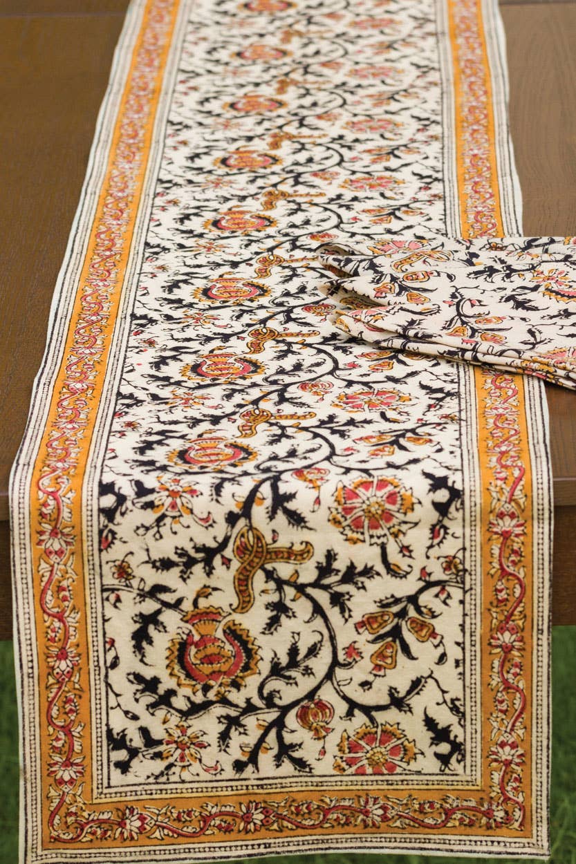 Sevya Handmade - Gold & Rose Kalamkari Table Runner