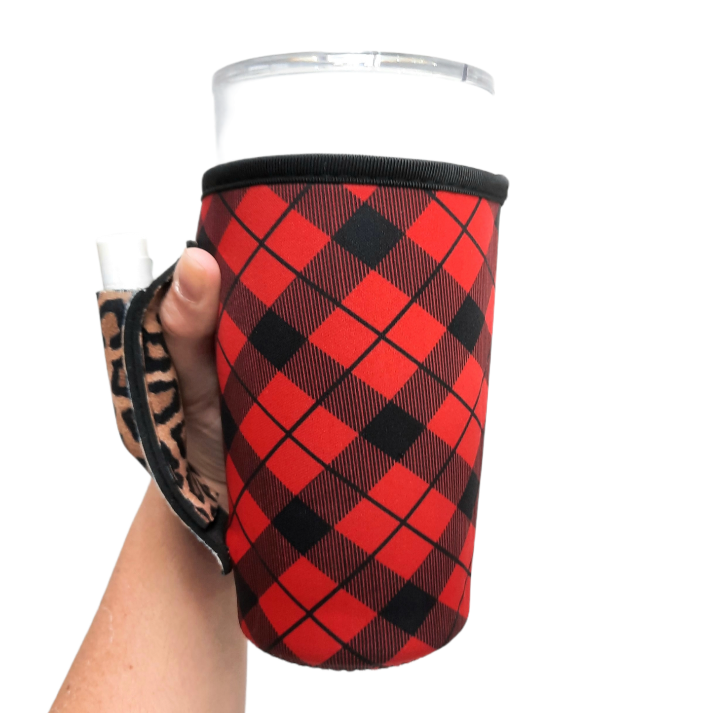 Drink Handlers - Red Plaid w/ Leopard 20oz Large Coffee / Tumbler Handler™